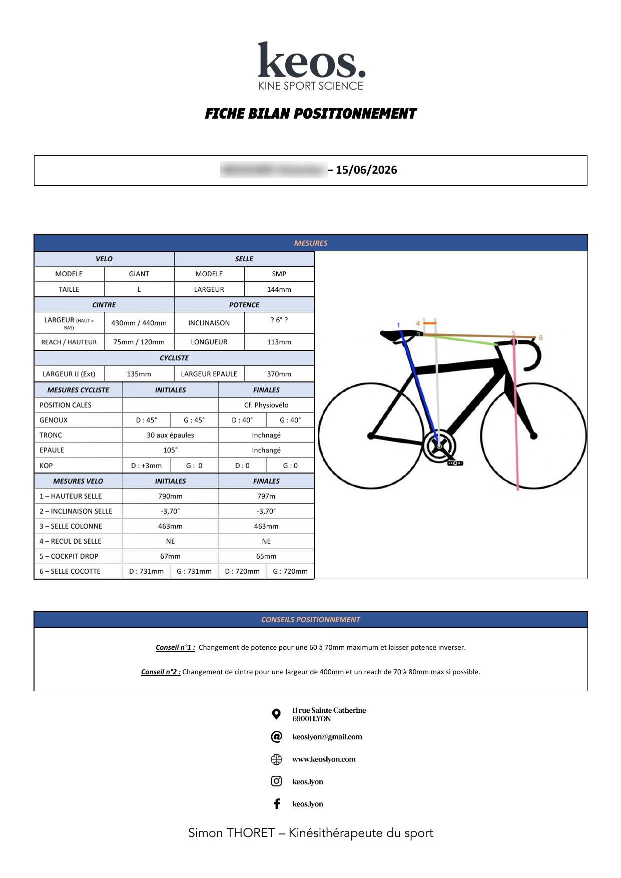 Exemple de fiche compte-rendu d'étude posturale vélo remise après la séance de bikefitting